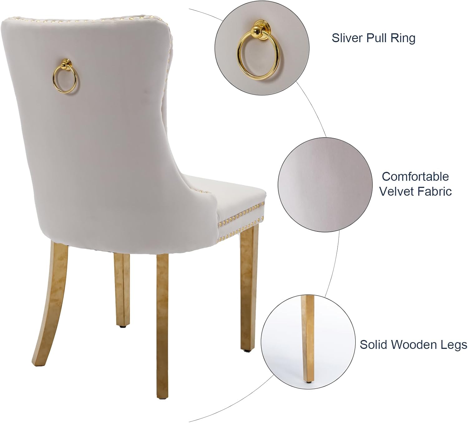 Velvet Dining Chairs Set of 6, Tufted Upholstered Dining Room Chairs with Back Ring Pull, Nailhead Trim and Golden Legs, Modern Dinning Chairs for Dining Room, Kitchen(Beige)
