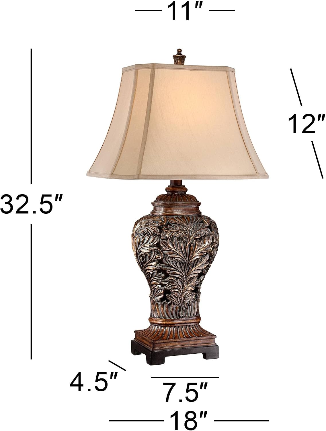 Barnes and Ivy Leafwork Traditional 3-Way Table Lamp 32 1/2' Tall with Dimmer and USB Charging Port Bronze Brown Tan Rectangular Shade for Bedroom Living Room Nightstand Bedside Night Stand Office