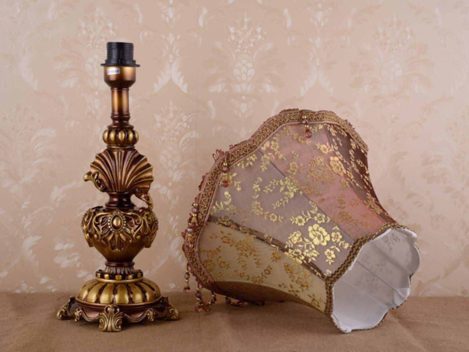 Victorian Style Table Lamp Handmade Traditional Brown Gold Lace Fabric Bedside Lamp Antique Painted Resin Base Desk Lamp for Bedroom Living Room Office, 13' W, 21.6' H. (A1)