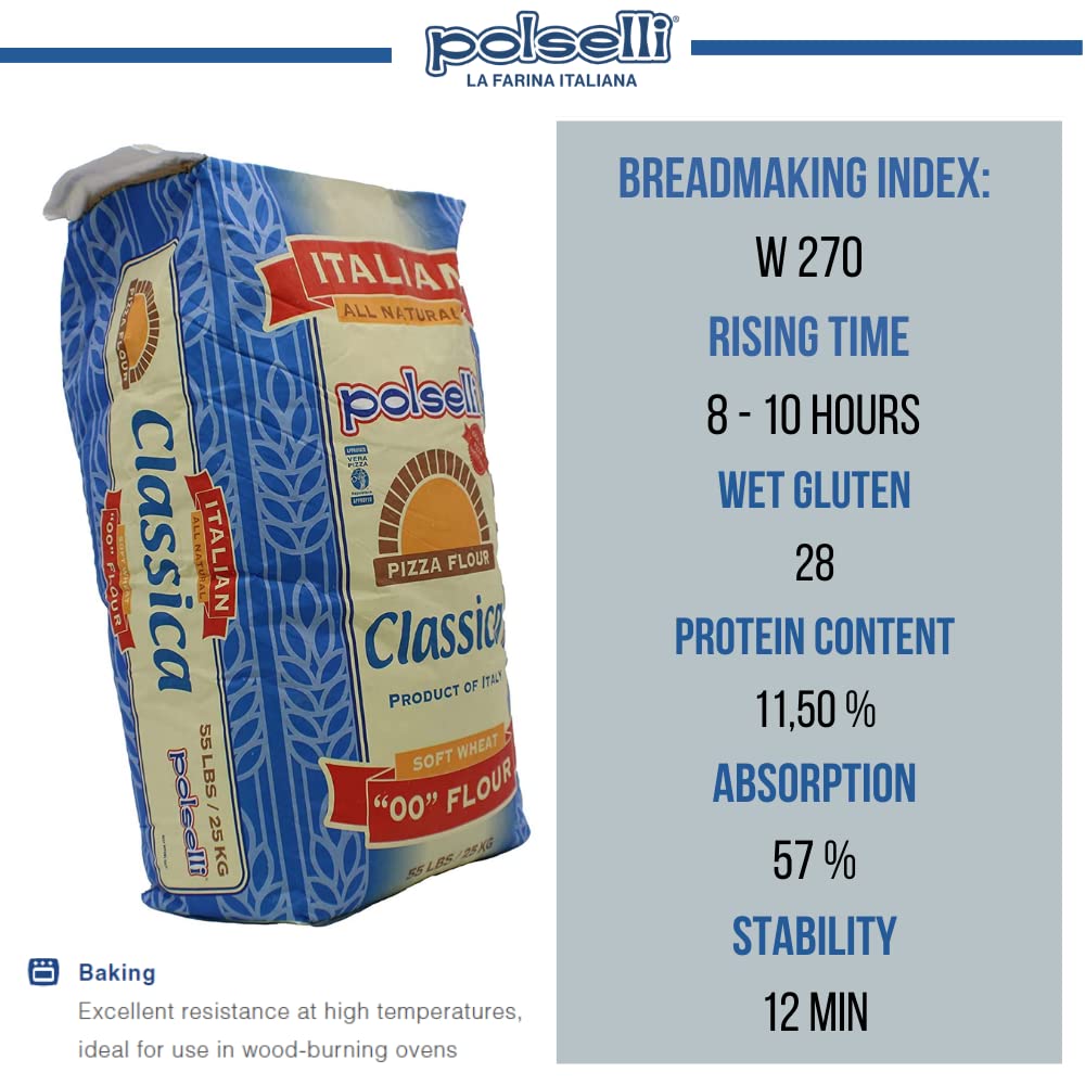 POLSELLI Classica, Tipo 00 Double Zero Flour, Soft Wheat, 25 kg (55 lbs) | All-Natural Type '00' European Flour For Pizza, Bread, Pastas, 8+ Hour Rise Dough; Unbleached, Unbromated, No Additives.
