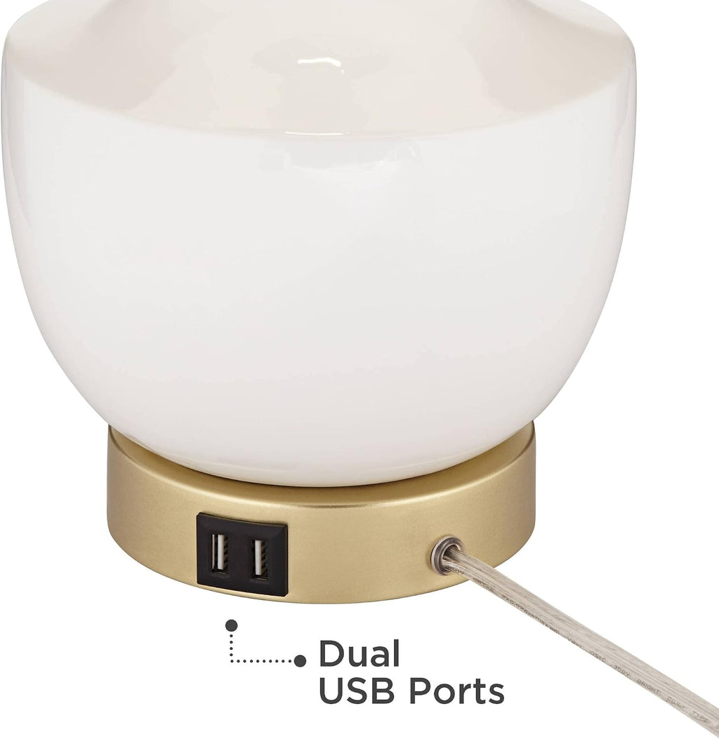 360 Lighting Nesbit 25' High Mid Century Modern Table Lamps Set of 2 USB Port White Gold Ceramic Metal Fabric Shade Living Room Charging Bedroom Bedside Nightstand House Office Home Reading Kitchen