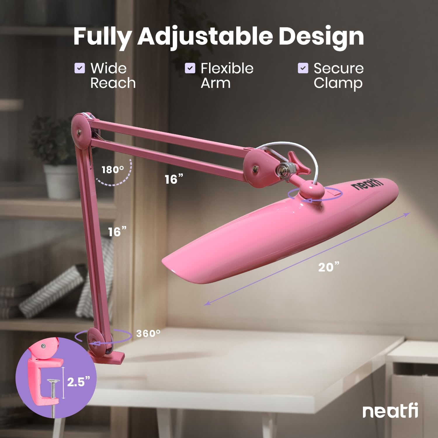 Neatfi XL 2200 Lumens 20W LED Desk Lamp with Clamp – Adjustable Color Temperature | 4-Level Dimmable Light | Home Office, Crafts & Workbench | 20-Inch Wide Head (Pink, CCT with Clamp)