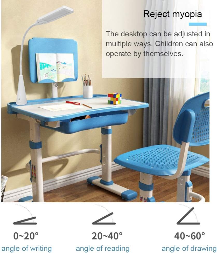 Cantonape Kids Desk and Chair Set, Height Adjustable Children School Study Desk with Tilt Desktop, Bookstand, LED Lamp, Metal Hook and Storage Drawer for Boys Girls, Blue