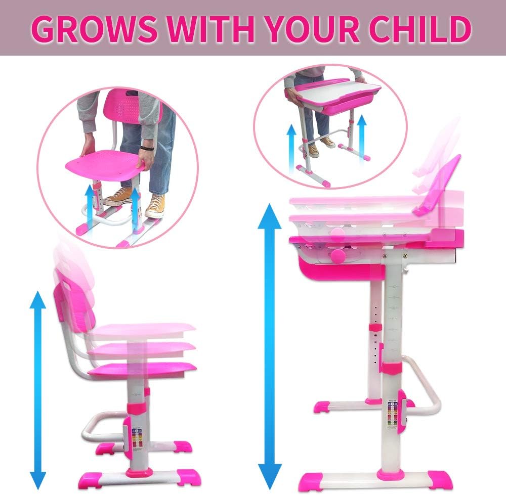 Yinleader Kids Desk and Chair Set,Height Adjustable,Spacious Storage Drawer,with Adjustable Tilted Desktop, Bookstand, Touch Led Lamp for School Student(Pink)