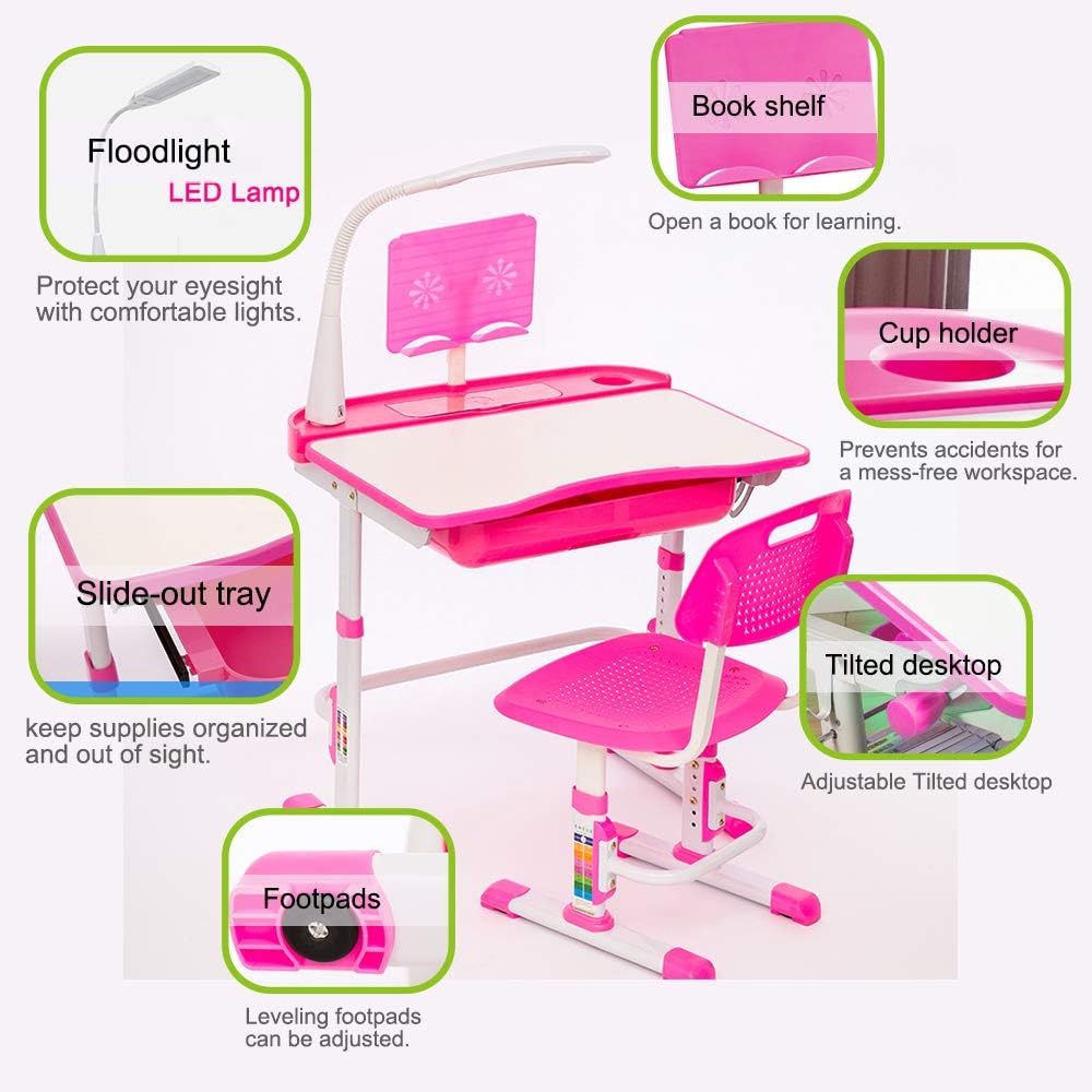 Cantonape Kids Desk and Chair Set, Height Adjustable Children School Study Desk with Tilt Desktop, Bookstand, LED Lamp, Metal Hook and Storage Drawer for Boys Girls, Pink