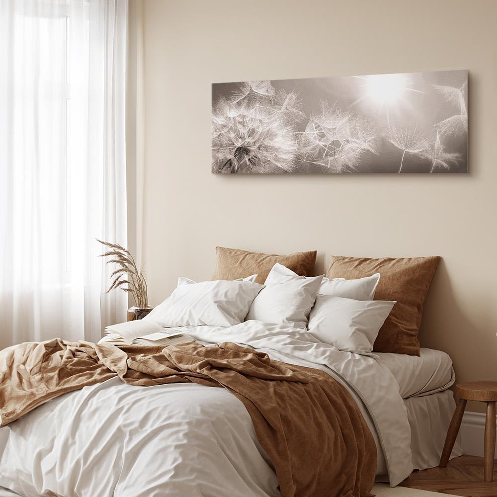 artgeist Acoustic Canvas Wall Art Print Dandelion 53x18 in - 1pcs Picture with Acoustic Foam Sound Print Artwork Room Acoustics Soundproofing - Beige Grey Sepia Nature b-C-0161-b-a