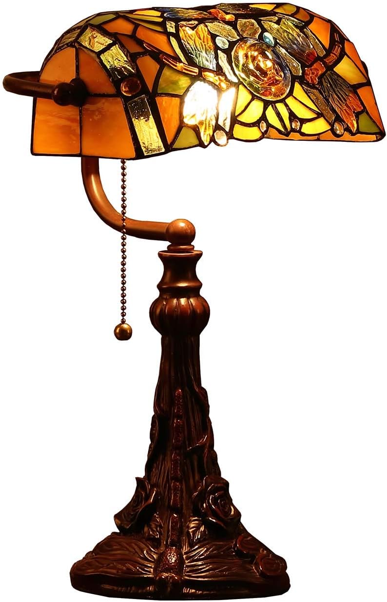 Bieye L10308 Dragonfly Tiffany Style Stained Glass Banker Desk Table Lamp with 10-inches Wide Lampshade for Reading Working, 16 inches Tall (Amber)