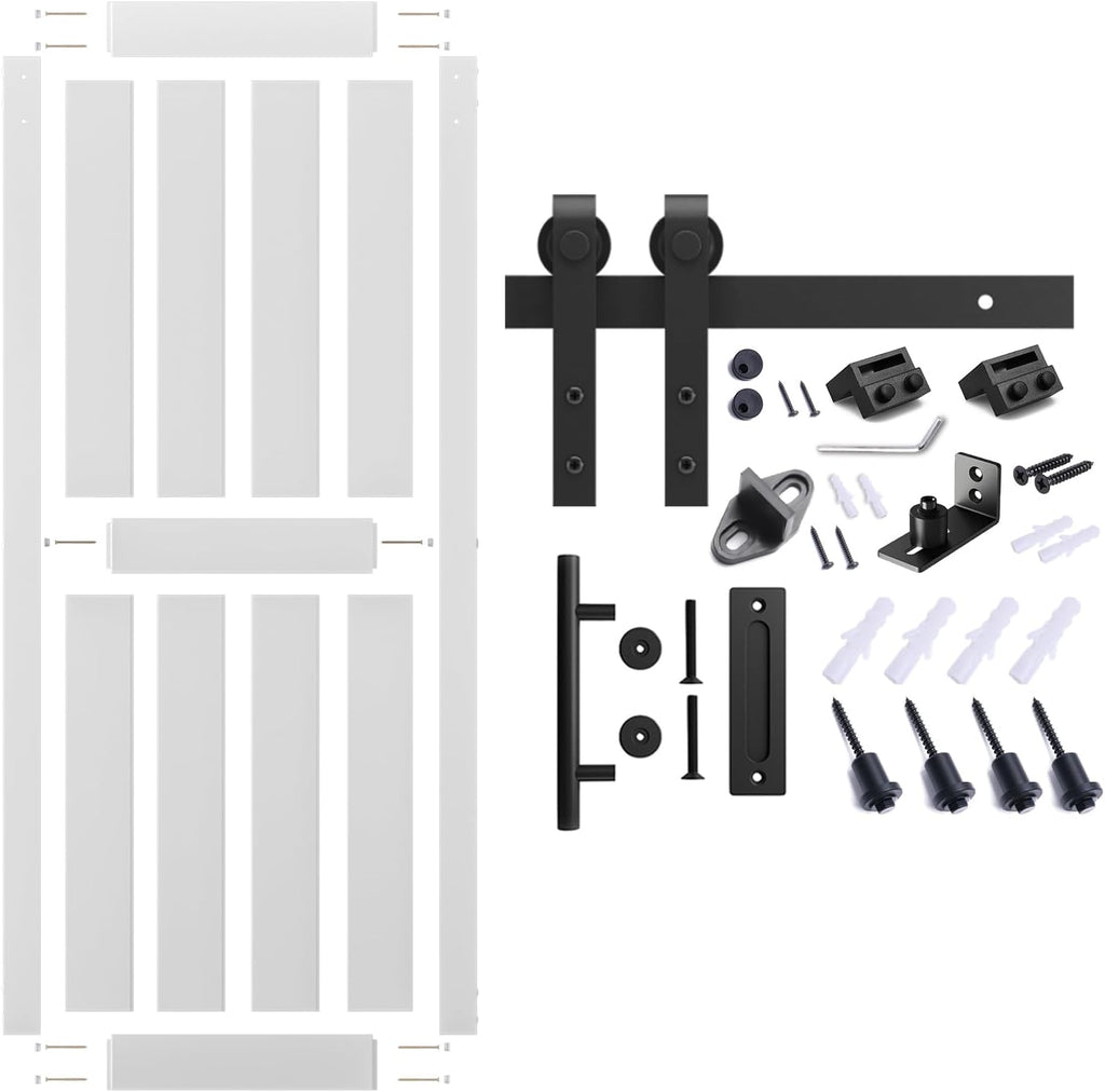 28''x84'' Sliding Barn Door with 5 Ft Barn Door Hardware Kit& Handle& Floor Guides,Pre-Drilled Holes Easy Assembly - Include Installation Manual, Water-Proof PVC Surface, H-Frame, White