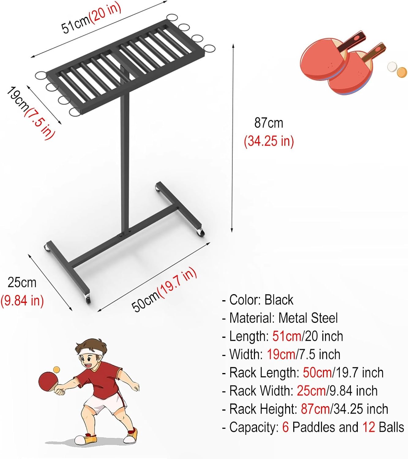 ERRULAN Ping Pong Paddles Holder Floor Stand, Metal Table Tennis Storage Rack for Game Room/Man Cave/Apartment - Holds 10 Paddles & 8 Balls, Black Display Holder Shelf Sport Equipment Organizer