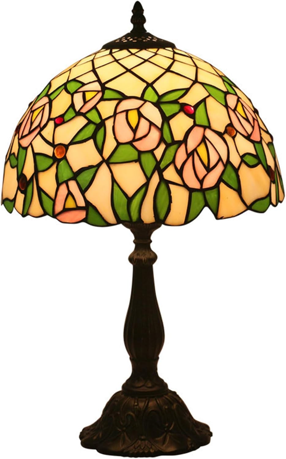 Tiffany Style 12 Inch Pastoral Stained Glass Table Lamp Green Leaves Tulip Rose Lamp Shade for Bedroom Bedside Living Room Restaurant,Light Pink