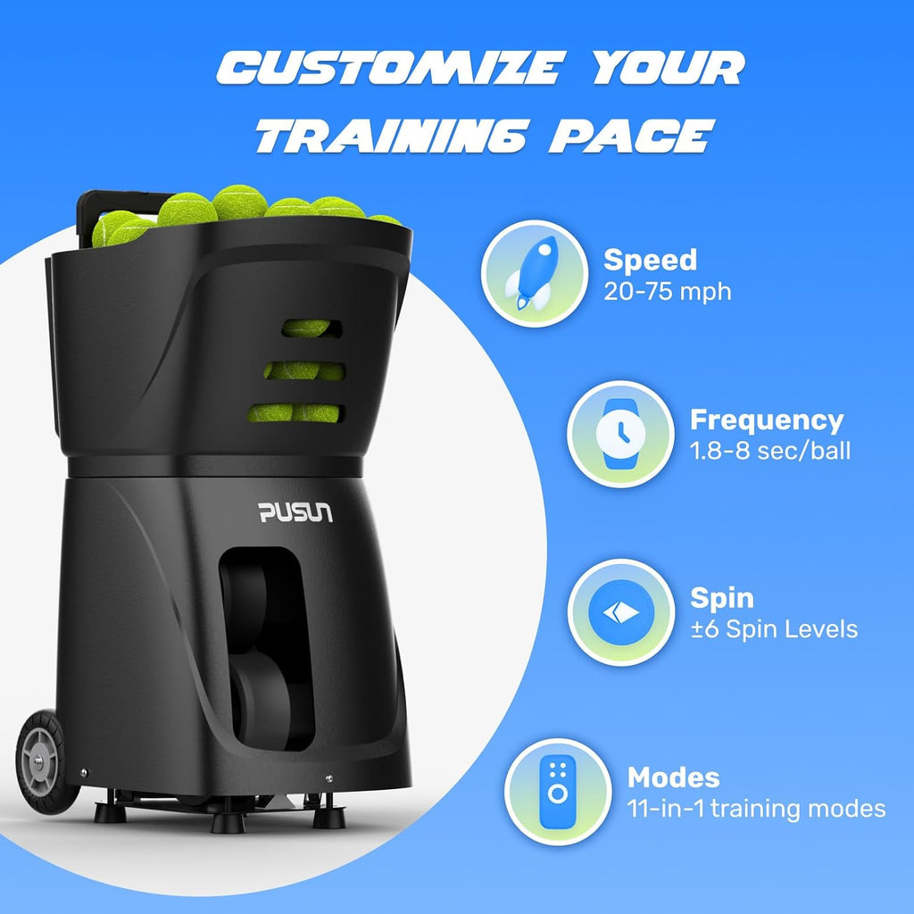 PUSUN｜PT-Smart Tennis Ball Machine: App Control with 12 Built-in Training Modes,6-Level Spin,28-Pt,75 MPH,32.6 lbs,100+ Ball,5H Battery, Portable, for Tennis/Padel,Training, Practice,Beginners to Pros