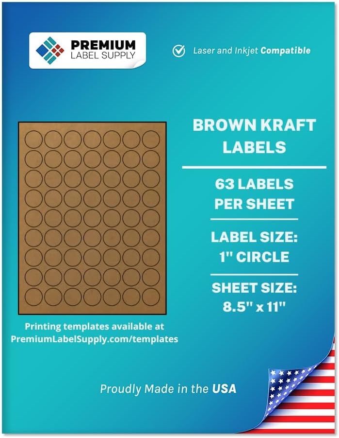 Premium Label Supply Brown Kraft Sticker Round Labels – 1' Circle – Laser/Inkjet Compatible – (63 per Sheet), 500 Sheets – 31,500 Total Adhesive Labels