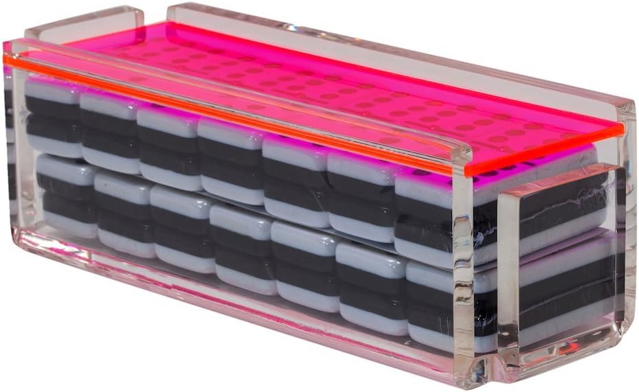 Modern Double Six Jumbo Tiles Dominoes Set, Acrylic Box with Acrylic Lid, Professional Two Toned Black and White Dominoes, Brass Center Rivet, Made in USA (Neon Pink)