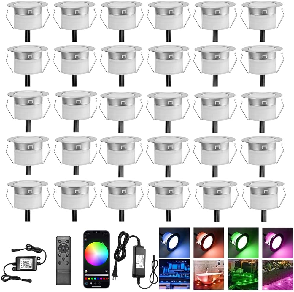 Smart WiFi LED Deck Lights 30 Pack, APP Control RGB Outdoor Lighting for Patio Deck Steps Landscape, Φ1.22' Low Voltage 12V Recessed Deck Lights Waterproof IP67,Compatible with Alexa/Google Home