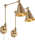 WINGBO Farmhouse Swing Arm Wall Sconce Set of 2, Industrial Adjustable Wall Lamp Light Fixture for Living Room Bedroom Vanity Study Desk Office, Plug in or Hardwired, Brass