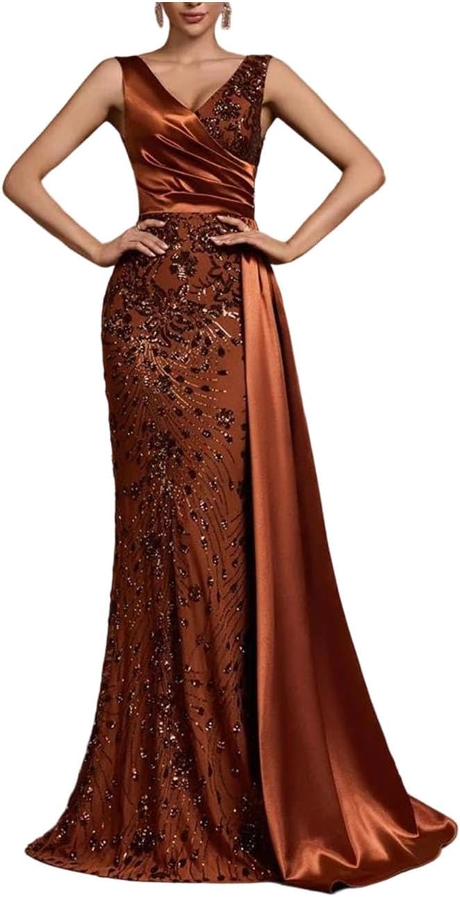Women Elegant V-Neck Splice Sequins Sleeveless Formal Party Streamer Prom Cocktail Dress