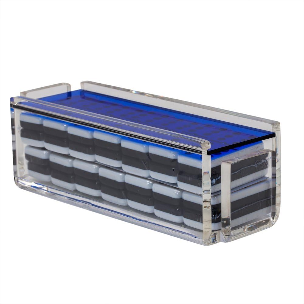 Modern Double Six Jumbo Tiles Dominoes Set, Acrylic Box with Acrylic Lid, Professional Two Toned Black and White Dominoes, Brass Center Rivet, Made in USA (Blue)
