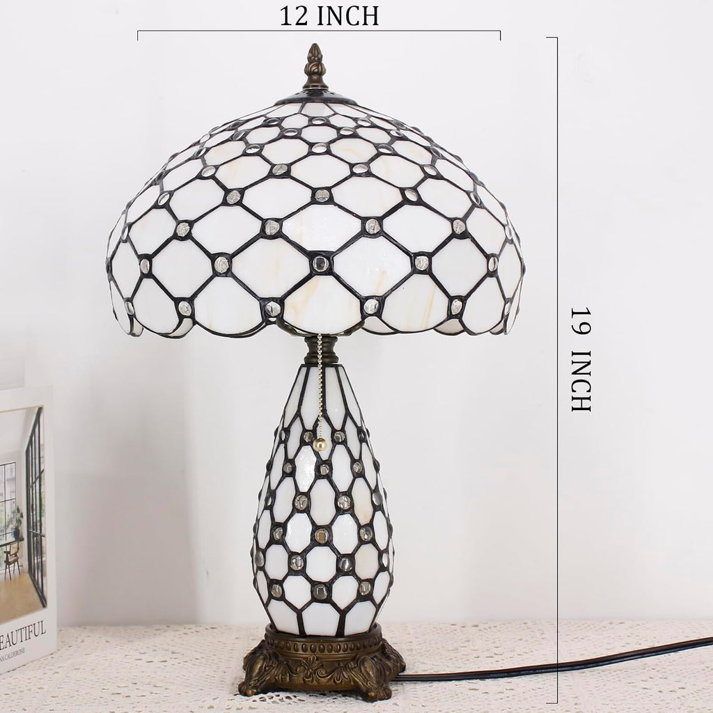 Tiffany Lamp Stained Glass Table Lamp 12X19 Inches Mother Daughter Vase Desk Accent Night Light for Bedroom Bedside Reading Home Antique Style (White Yellow)