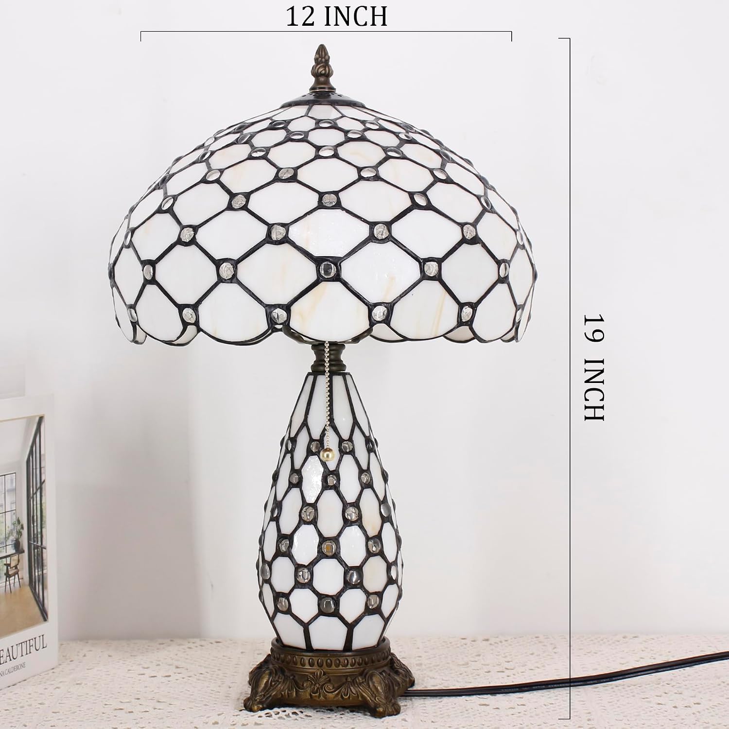 Tiffany Lamp Stained Glass Table Lamp 12X19 Inches Mother Daughter Vase Desk Accent Night Light for Bedroom Bedside Reading Home Antique Style (White Yellow)