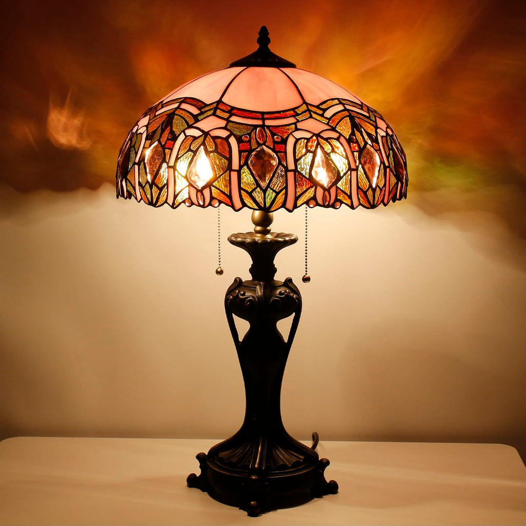 Tiffany Lamp(2 Lights) Stained Glass Table Lamp Bedside Desk Reading Light 16X16X24 Inch Decor Bedroom Living Room Home Office (Pink Jewelry)