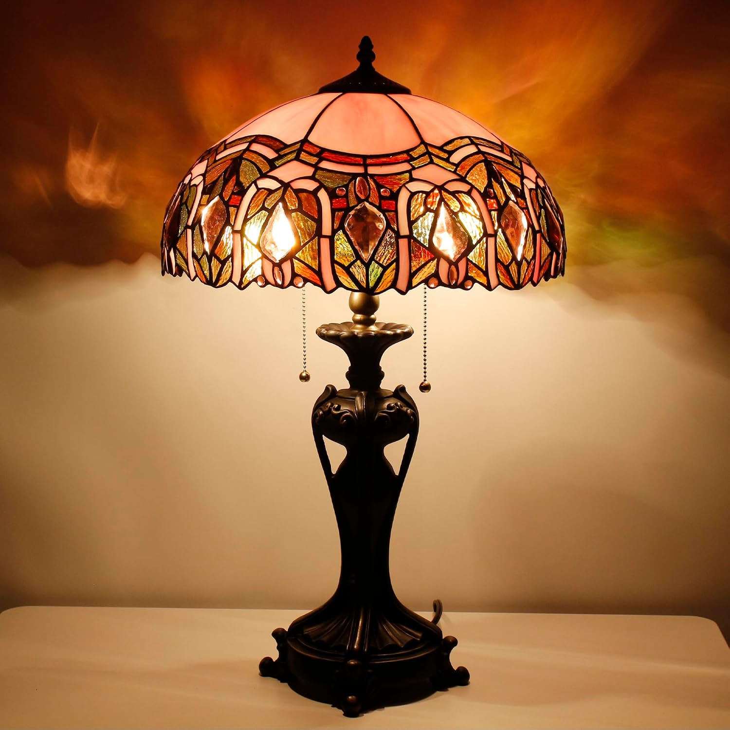 Tiffany Lamp(2 Lights) Stained Glass Table Lamp Bedside Desk Reading Light 16X16X24 Inch Decor Bedroom Living Room Home Office (Pink Jewelry)