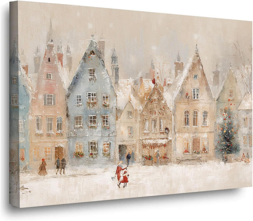 Winter village wall art print, European Christmas town oil painting, Christmas illustration, snowy holiday street scene, rural scenery, nursery wall decor 28x40in Wood Framed