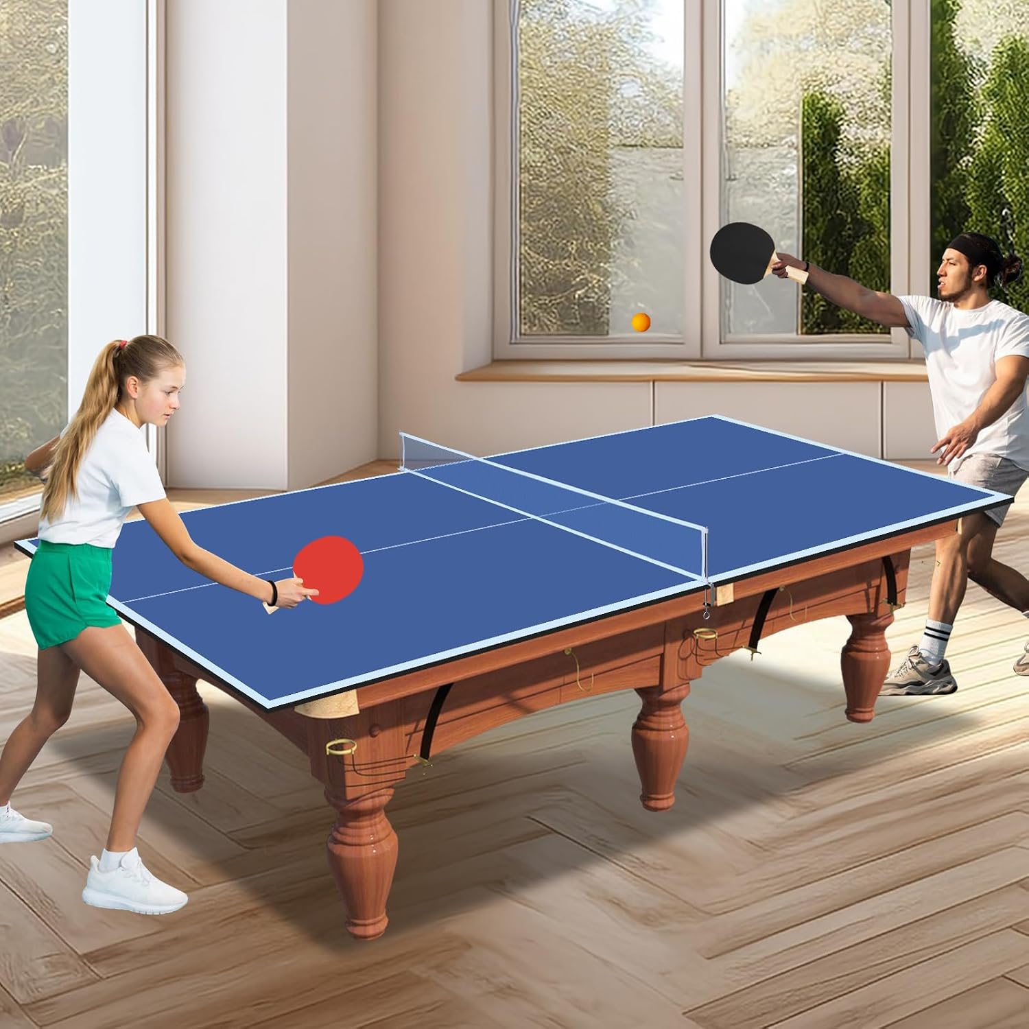 Ping Pong Table Top for Billiard Table, 7FT/8FT/9FT Foldable Table Tennis Table Topper for Pool Table, Indoor Outdoor Table Tennis Conversion Top w/Net & Premium Foam Padding (Blue, 9x5 FT)