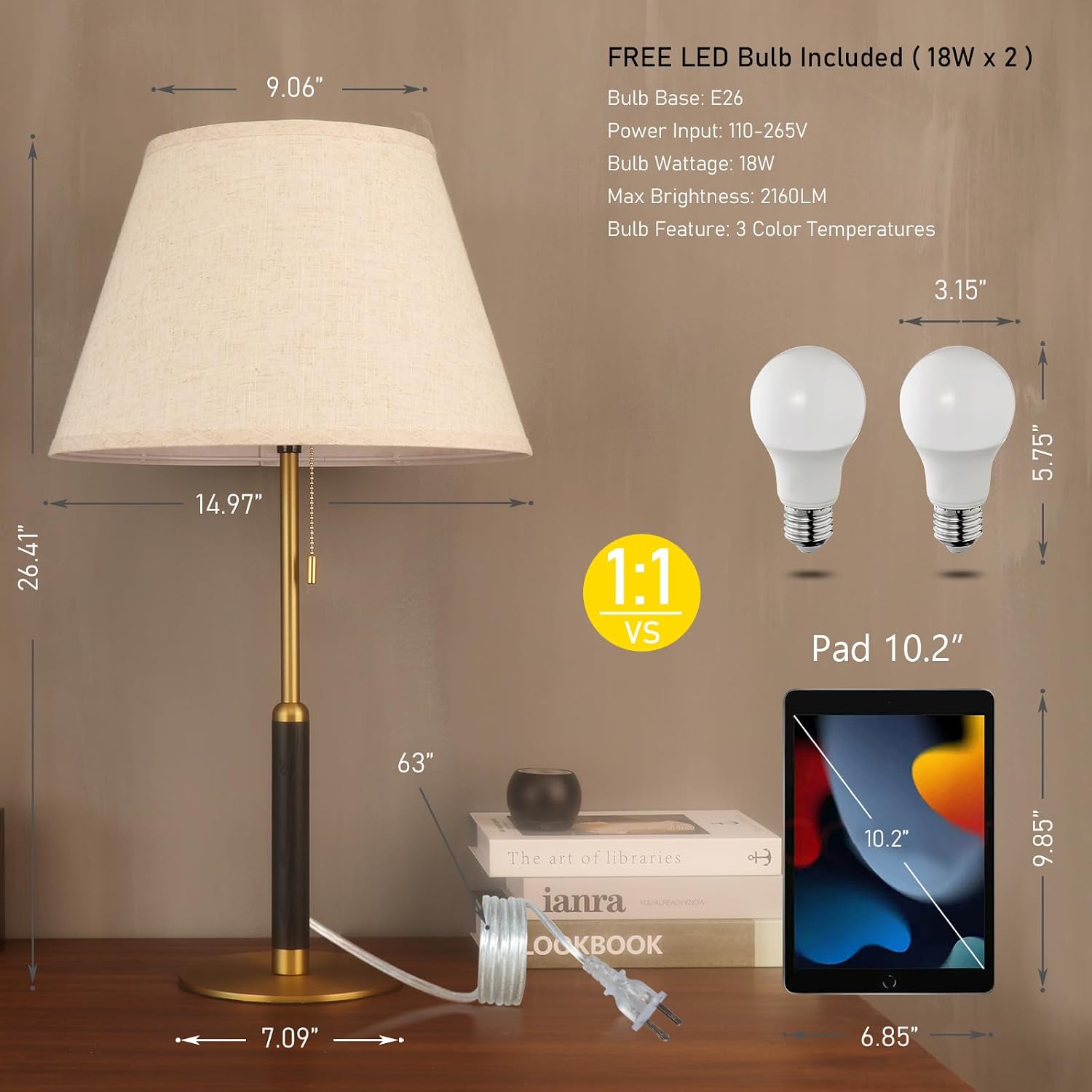26.4' Set of 2 Mid Century Living Room Modern Table Lamp with Pull Chain, Bedside Lamps for Bedroom 3-Color Light, Wood/Metal/Fabric Nightstand Lamp for Home/Office/Desk (Light Brown+Brass)
