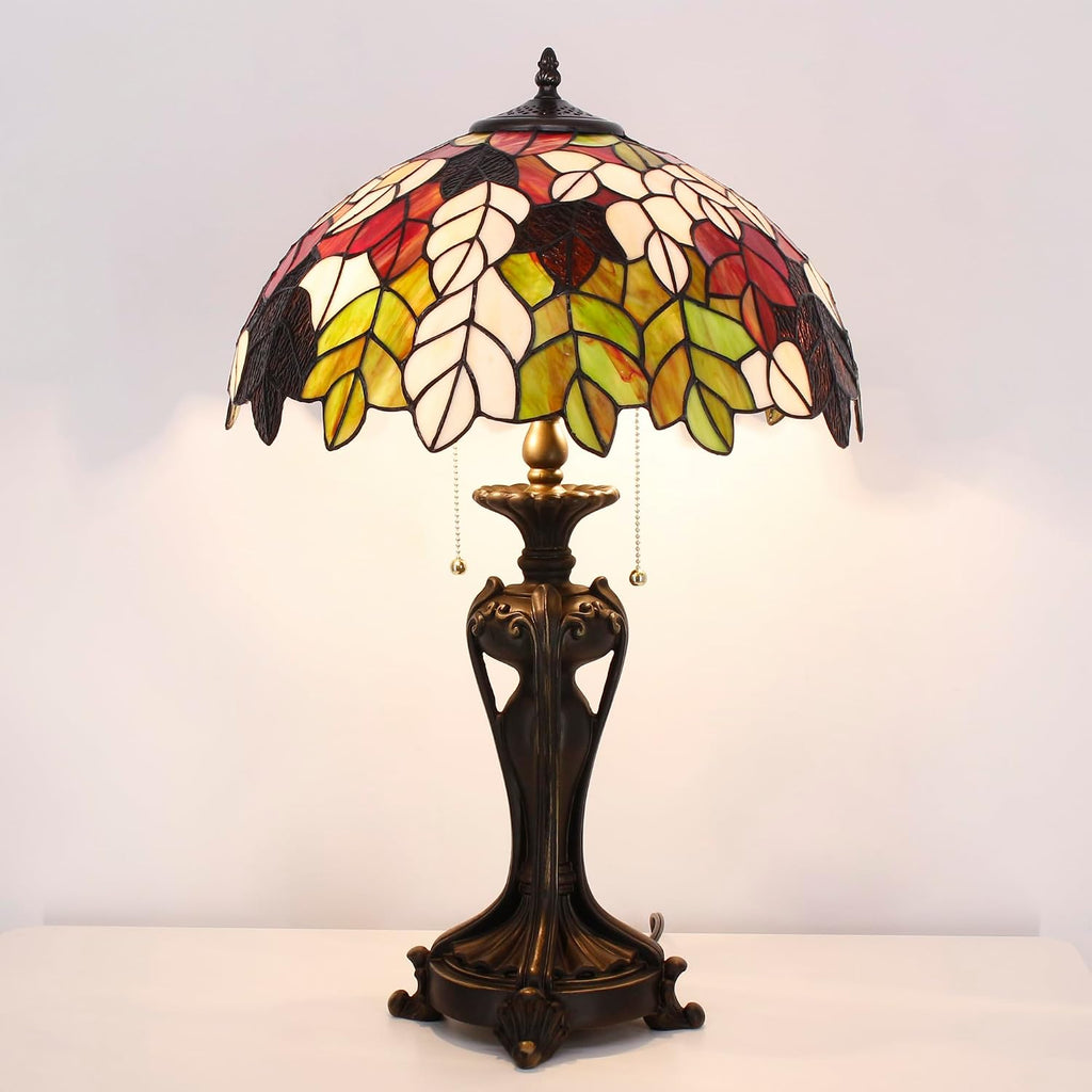 Tiffany Lamp(2 Lights) Stained Glass Table Lamp Bedside Desk Reading Light 16X16X24 Inch Decor Bedroom Living Room Home Office (Maple Leaf)