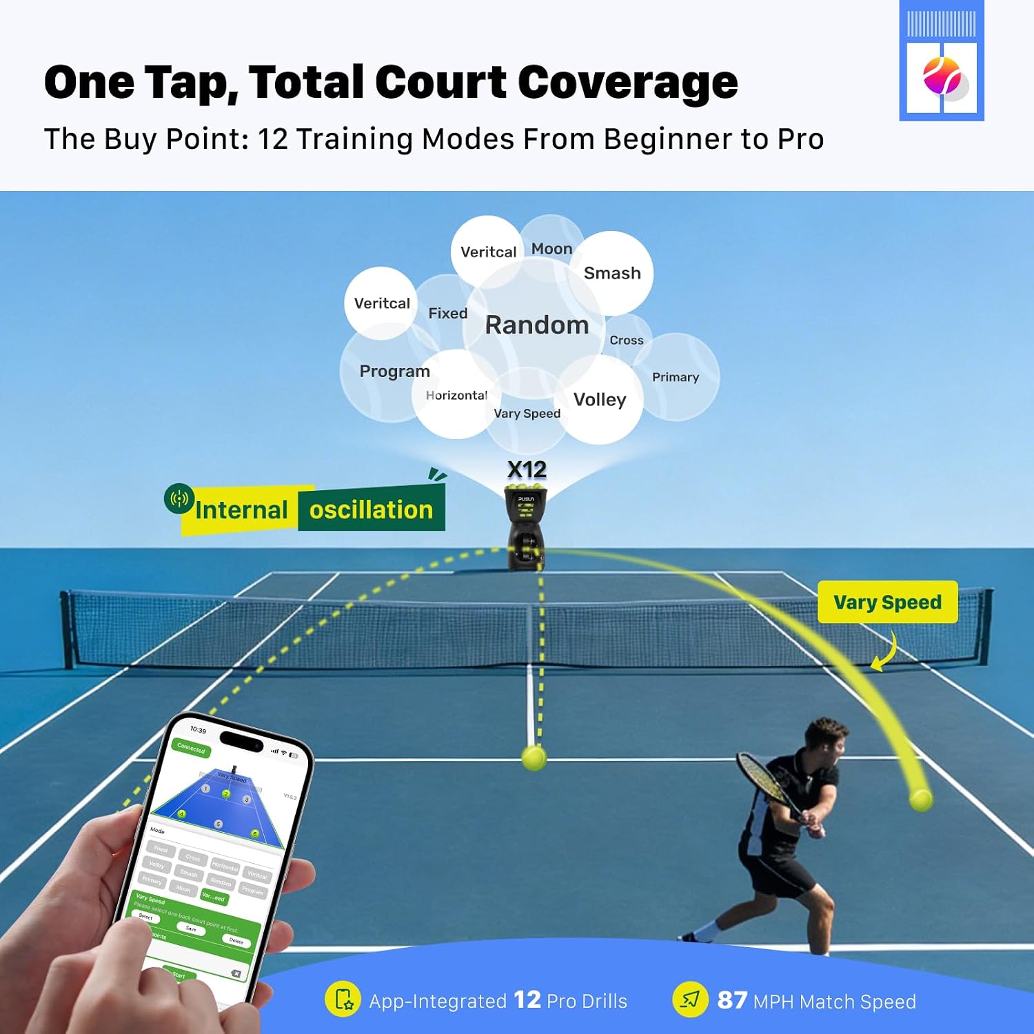 PUSUN｜PT-MAX C Flagship Tennis Ball Machine:App Control,12 Drills, Internal Oscillation,87 MPH,6-Level Spin,28-Spot,6-8H Battery, 39.6 lbs Portable, for Tennis/Padel,Training, Practice,Beginners,Pros