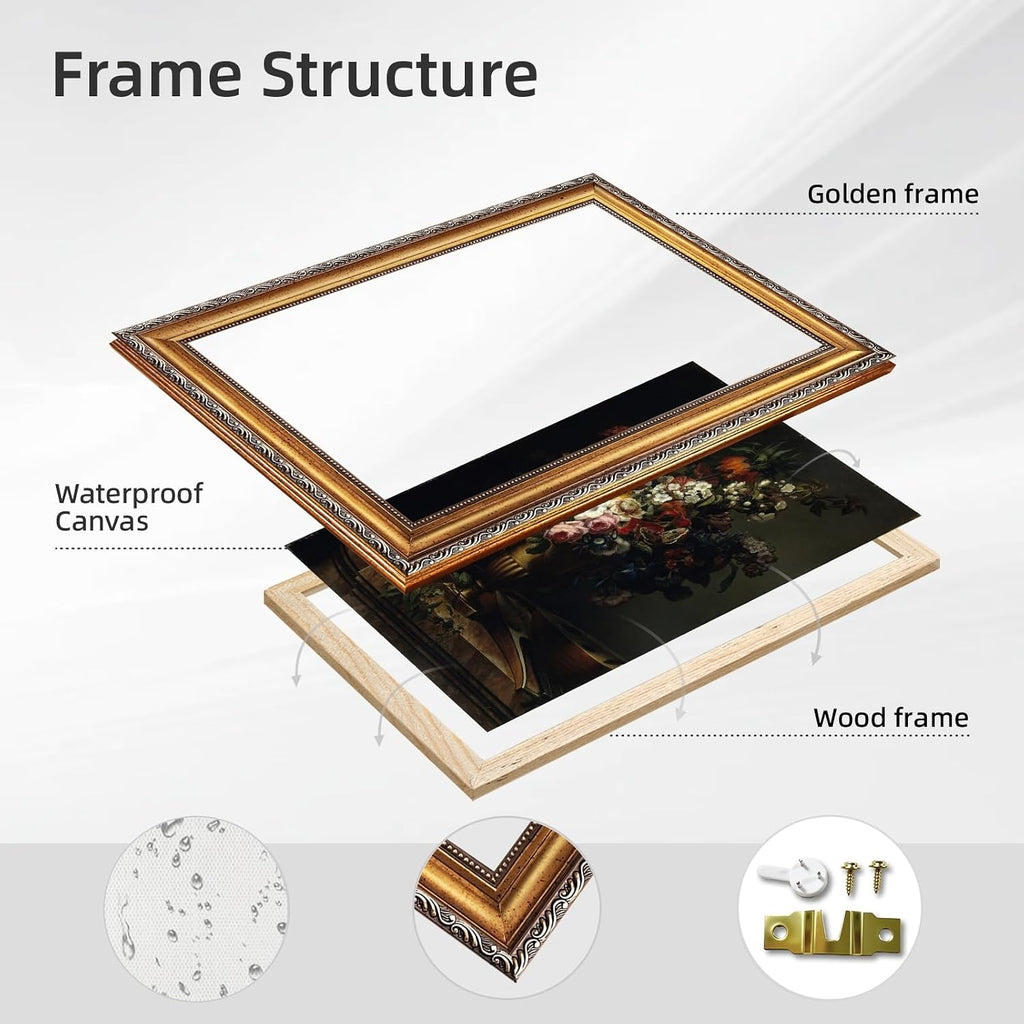 Large Gold Framed 19th Century Classical Floral Oil Painting Canvas Poster Vintage European Flowers Dark Wall Art Retro Bouquet of Peony Rose Iris Artwork Prints for Bedroom Home Deocr 24x36inch