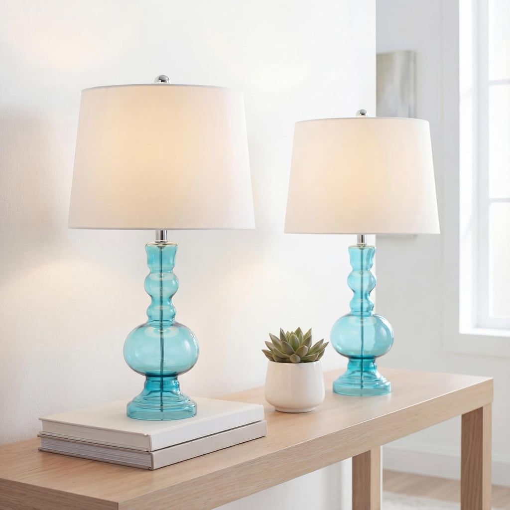 JONATHAN Y 28.5' Blue Glass Table Lamp Set of 2 for Living Room Bedroom Decor, Modern Bedside Lamps with White Linen Shade, LED Bulbs Included JYL1061A-SET2