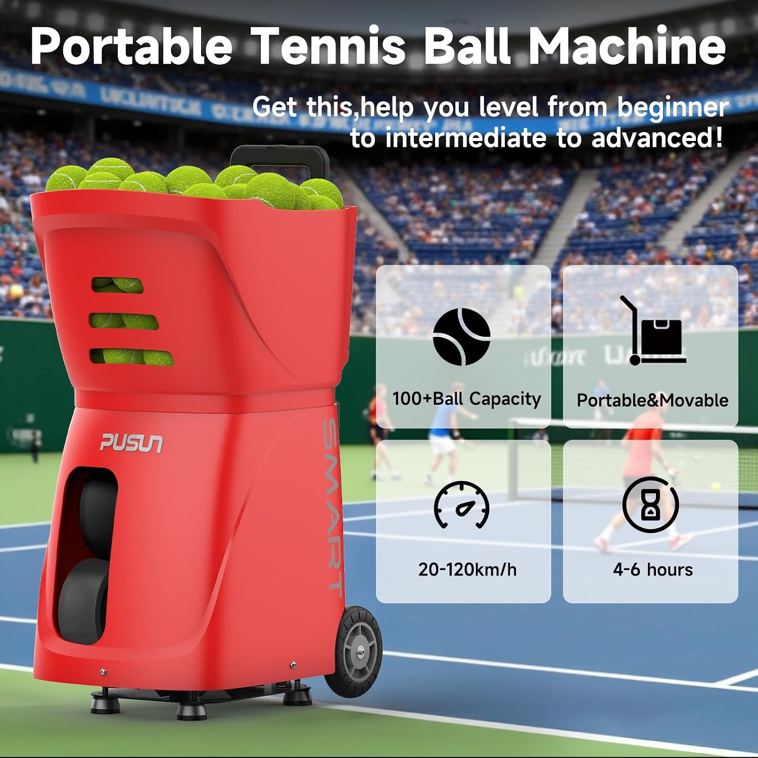 Tennis Ball Machine, Tennis Ball Launcher with App/Remote/iWatch Control, Max Speed of 75Mph, 1.8-8s/Ball, Multiple Training Modes(AI Drill/Programming/Random/Vary Speed) 4-6Hrs Battery Life