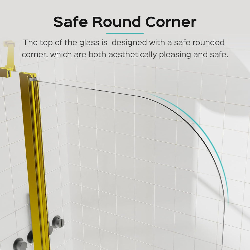 43 × 58 Inch Frameless Shower Door for Bathtub，180 Degree Hinged Pivot, Chrome Finish Bathroom Door，with 1/4' (6mm) SGCC Tempered Glass, Handle and Seal Strip for Waterproof (Gold, 43 × 58 Inch)