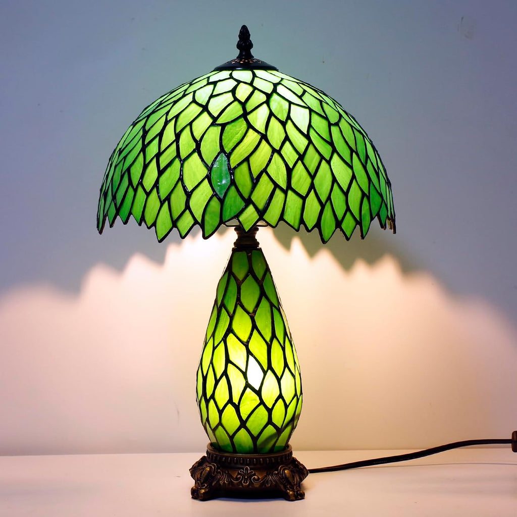 Tiffany Lamp Stained Glass Table Lamp 12X19 Inches Mother Daughter Vase Desk Accent Night Light for Bedroom Bedside Reading Home Antique Style (Green Wisteria)