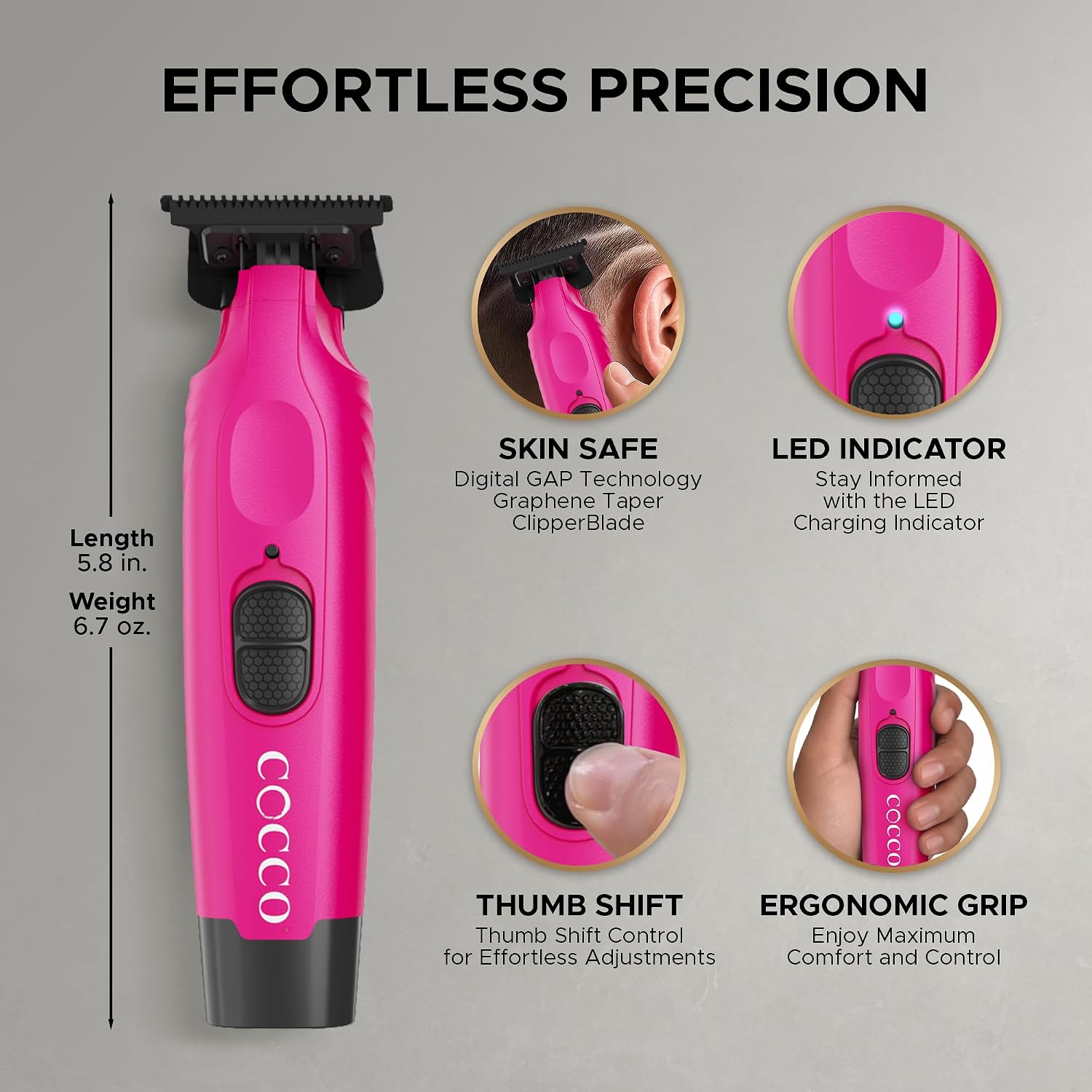 Cocco Hyper Veloce Pro Trimmer, Digital Gap Graphene Blade Edger, High-Torque Brushless BLDC Motor, Cordless, All-Metal Design, Lithium-Ion Battery, Charging Base Included