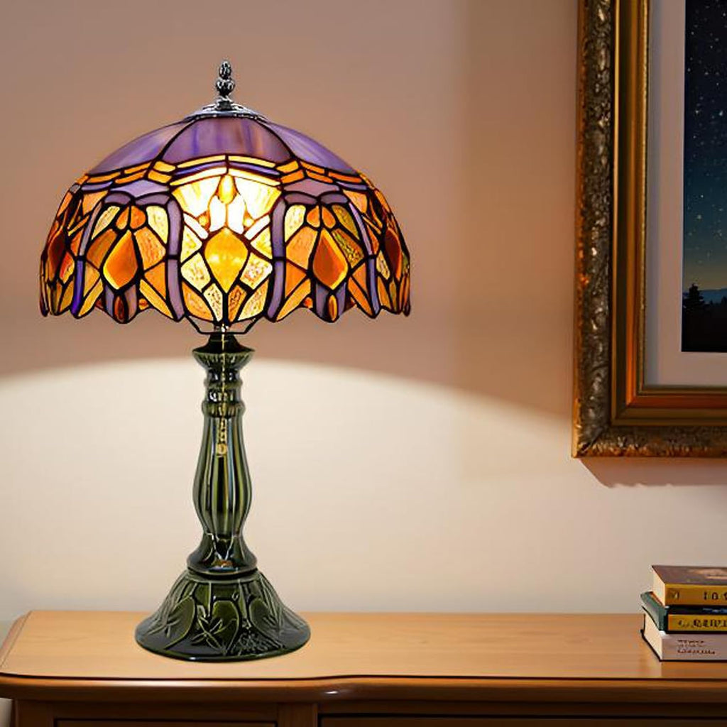 Tiffany Lamp Stained Glass Table Lamps Purple Jewelry Baroque Style Desk Lamp 12X12X18.5 Inch Bronze Ceramic Base Reading Light Suitable for Bedside Bedroom Living Room Dining Room Office