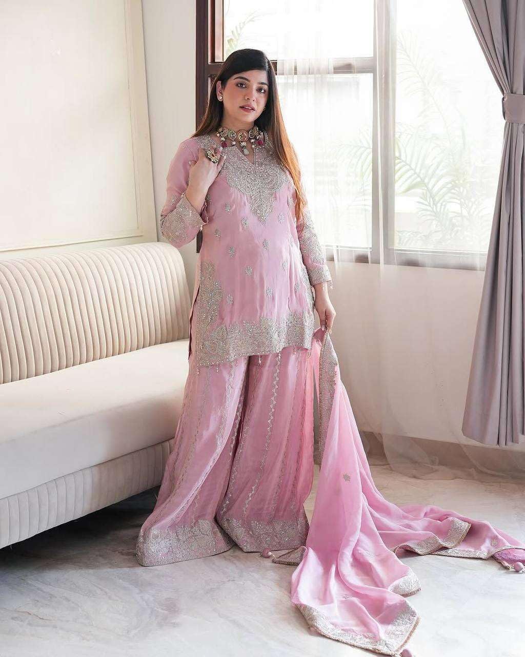 Women's Chinon Silk Embroidered Kurti With Sharara & Dupatta Set with Rivet Moti Work