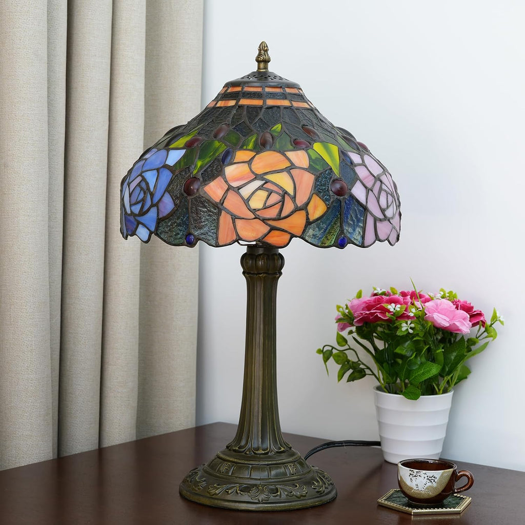 Tiffany Style Stained Glass Lamp Red Orange Purple Pink Rose Table Lamp Bedroom Bedside Reading Desk Light for Living Office Retro Unique Cute Accent Decor 12' Village Gift Nightstand Lamps
