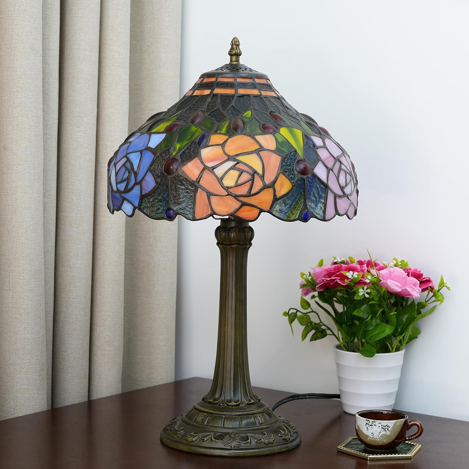 Tiffany Style Stained Glass Lamp Red Orange Purple Pink Rose Table Lamp Bedroom Bedside Reading Desk Light for Living Office Retro Unique Cute Accent Decor 12' Village Gift Nightstand Lamps