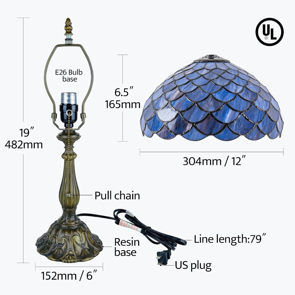 Tiffany Style Table Lamp Vintage Stained Glass Desk Lamp Deep Blue Purple Fish Scales Bedside Reading Light Decor Bedroom Living Room Home Office D12 xH18