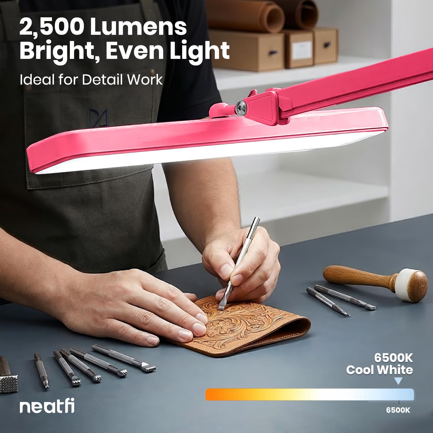 Neatfi XL 2,500 Lumens 30W LED Task Lamp for Manicure Table, Crafts, Workbench, Office – 22' Wide Shade Desk Light | Eye-Caring 6500K | 4-Level Brightness (Pink, Non-CCT with Clamp)