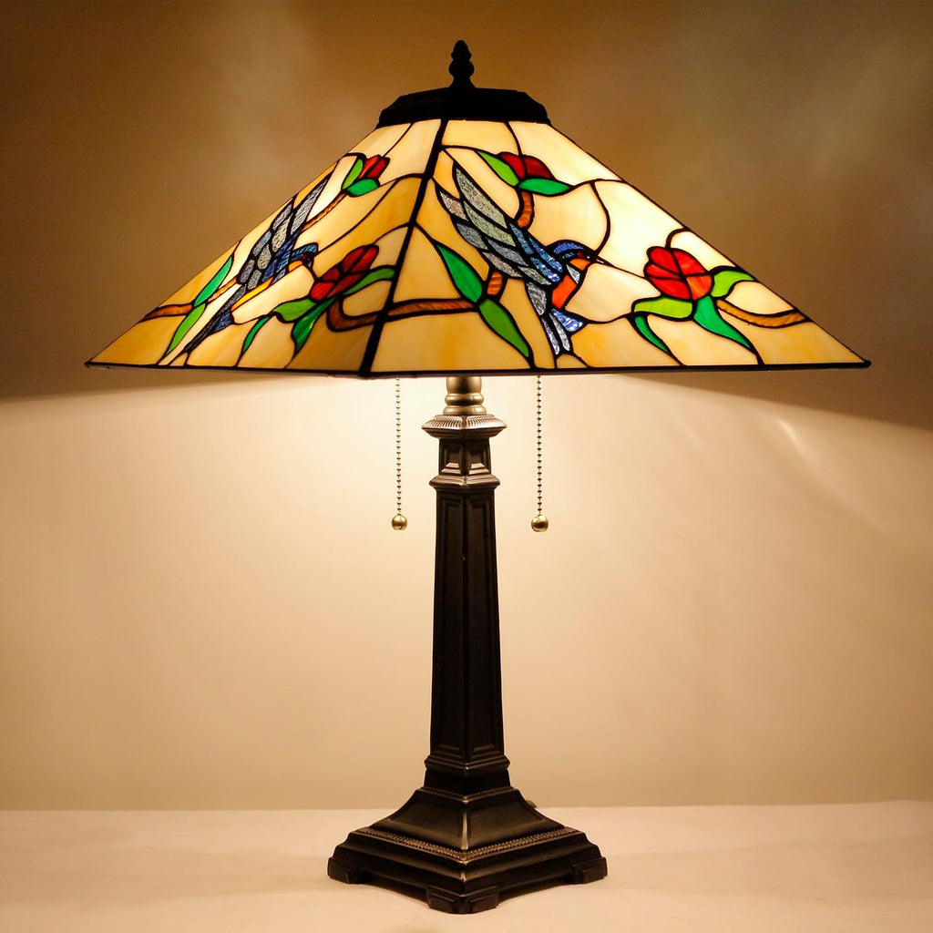 Tiffany Table Lamp Amber Hummingbird Mission Style Stained Glass 16X16X23 Inches Desk Reading Light for Bedrooms Living Room Study Home Office