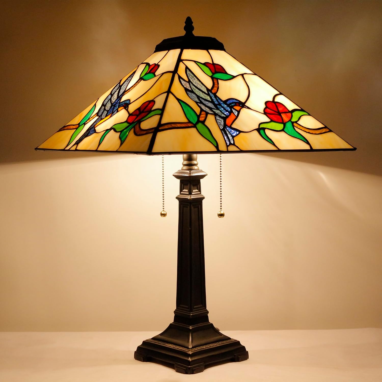 Tiffany Table Lamp Amber Hummingbird Mission Style Stained Glass 16X16X23 Inches Desk Reading Light for Bedrooms Living Room Study Home Office