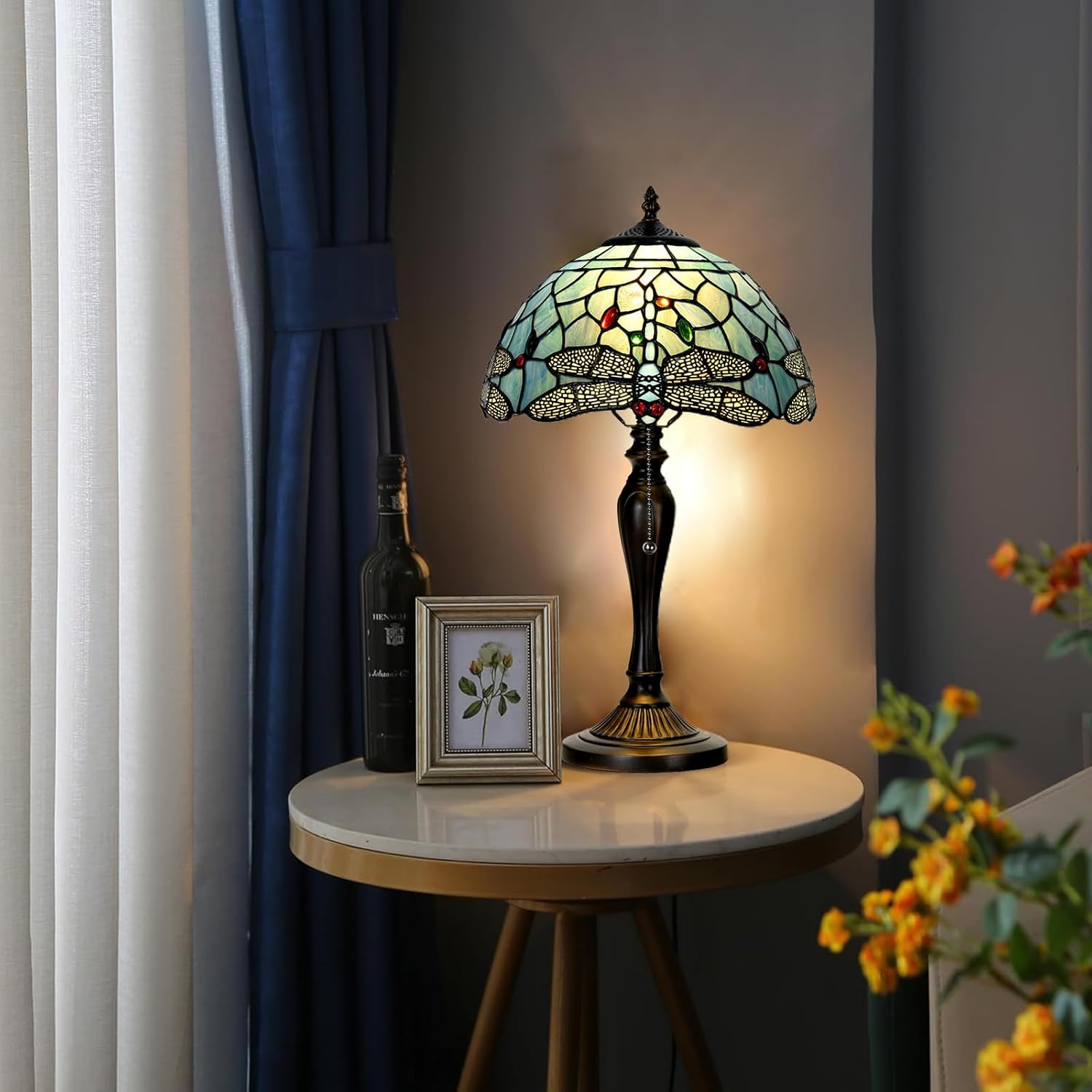 TL0023 Tiffany Style Dragonfly Table Lamp Stained Glass Blue Shade Reading Desk Light 12 X 20 Inches for Bedroom Living Room Home Office, Vintage Handcrafted Accent Décor, LED Blub Included
