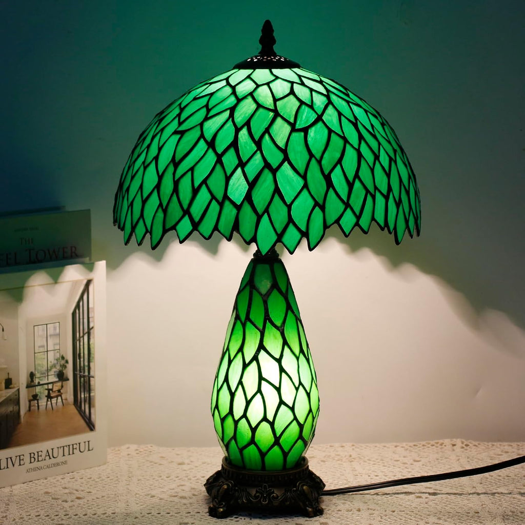 Tiffany Lamp Stained Glass Table Lamp 12X19 Inches Mother Daughter Vase Desk Accent Night Light for Bedroom Bedside Reading Home Antique Style (Green Wisteria)