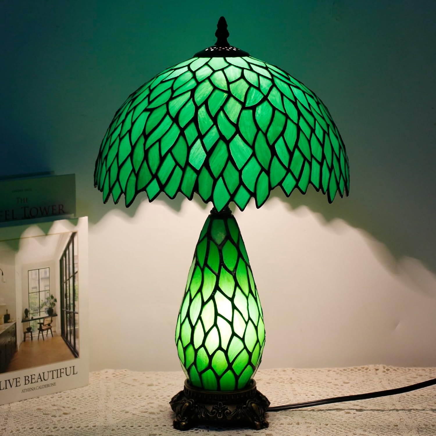 Tiffany Lamp Stained Glass Table Lamp 12X19 Inches Mother Daughter Vase Desk Accent Night Light for Bedroom Bedside Reading Home Antique Style (Green Wisteria)
