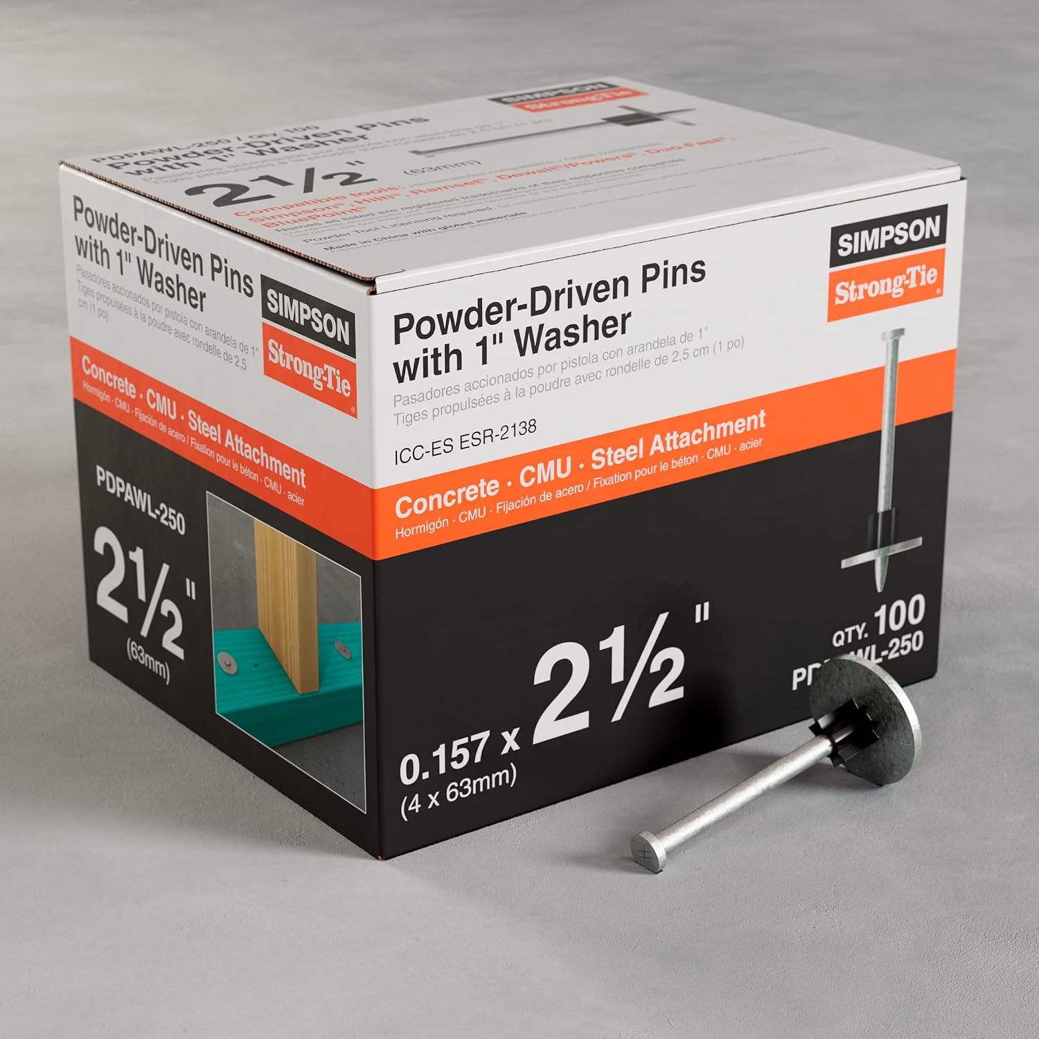 Simpson Strong-Tie PDPAWL-250 PDPAWL .157-in. x 2-1/2-in. Powder-Actuated Pin w/ 1-in. Washer (100-Qty) (Pack of 10)