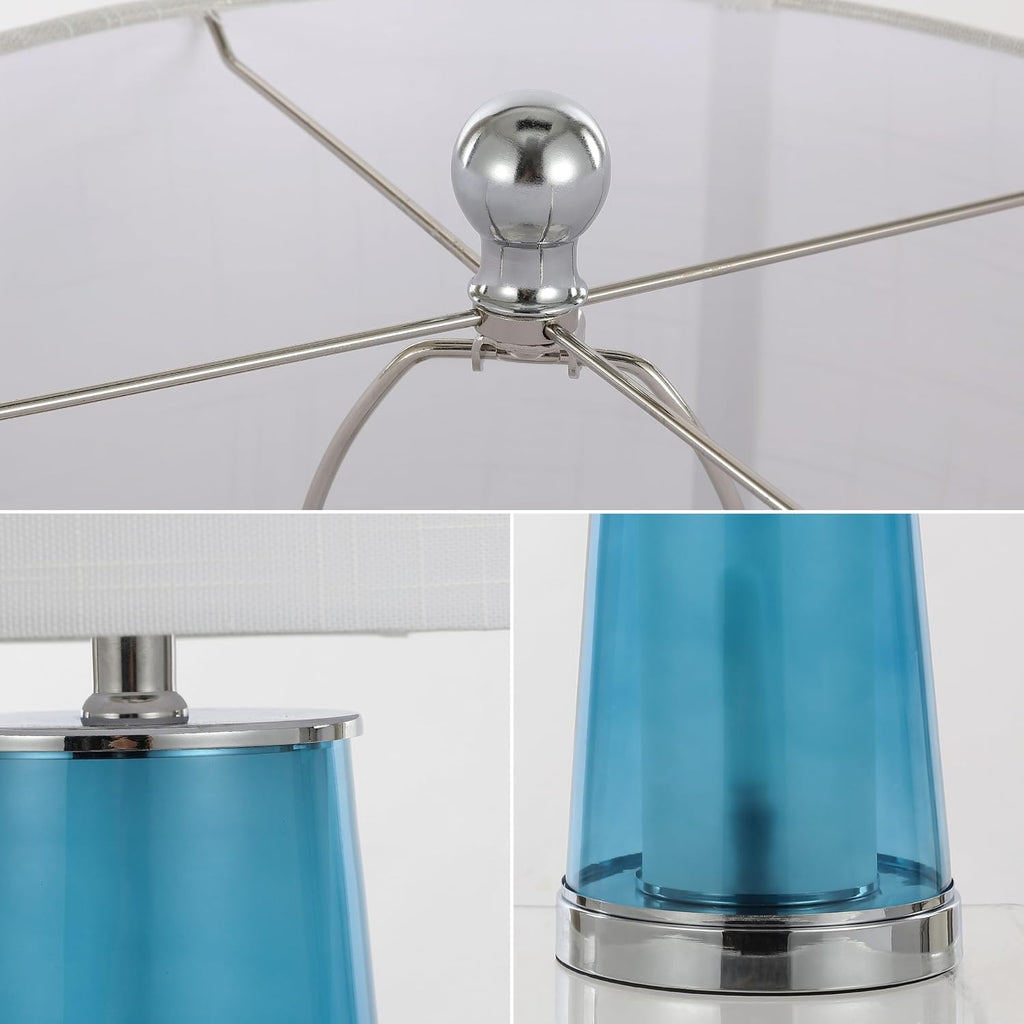 JONATHAN Y 26' Chrome/Clear Blue Nightlight Table Lamp Set of 2 for Bedroom, Modern Glass Desk Lamps with White Fabric Shade, Farmhouse Living Room Decor, LED Bulbs Included (JYL1137B-SET2)