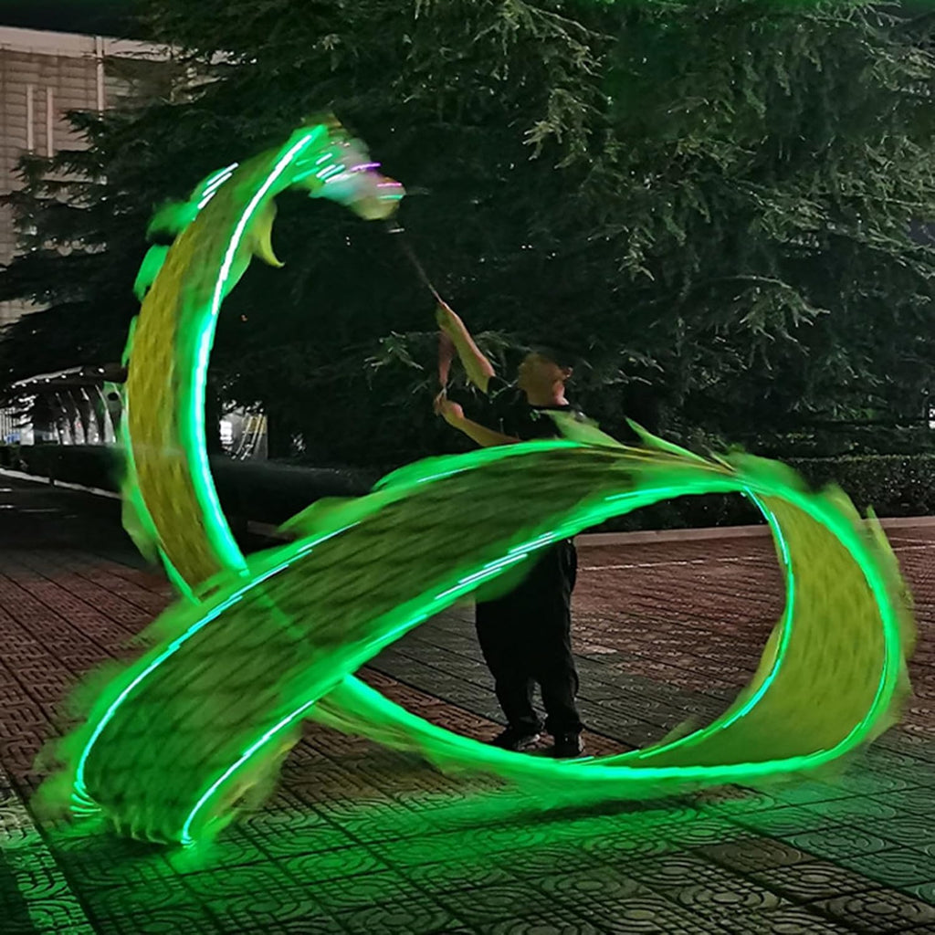 Green Dragon Ribbon with 3D Plastic Dragon Head, Dazzling Light Up Outdoor Dragon Dance Silk Poi for Garden, Park, Handheld Flowy Juggling Fitness Throw Streamer